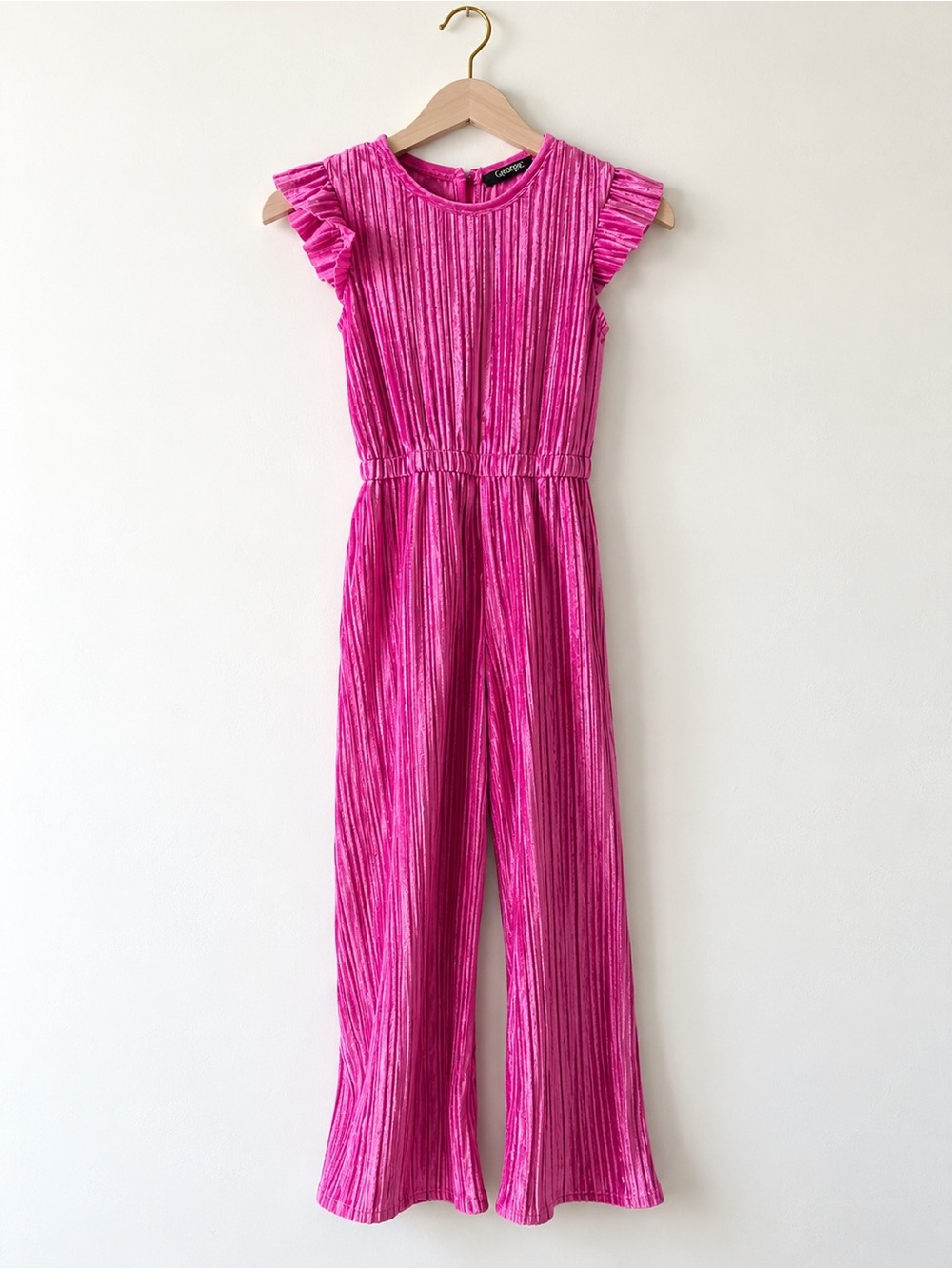Girls' Bright Pink Velvet Jumpsuit with Flutter Sleeves ~ Size 6